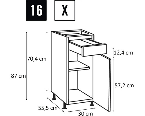 Nákres spodní skříňky se zásuvkou, dvířky, policí a rozměry