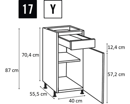 Technický nákres spodní skříňky se zásuvkou a dvířky včetně rozměrů