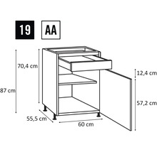 Technický nákres kuchyňské spodní skříňky se zásuvkou a dvířky, včetně rozměrů