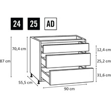Technický nákres spodní skříňky se třemi zásuvkami a rozměry.