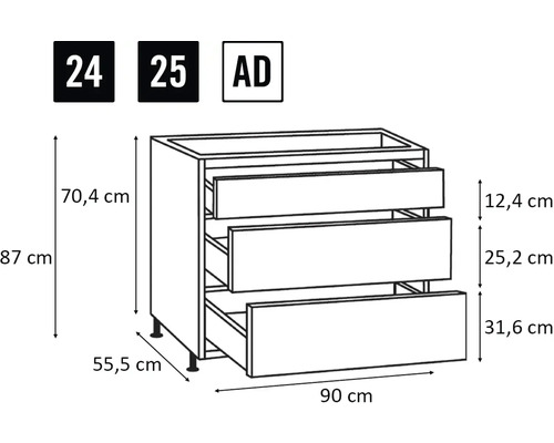 Technický nákres spodní skříňky se třemi zásuvkami a rozměry.
