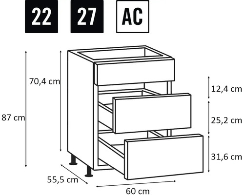 Skříňka se třemi zásuvkami, rozměry 60 x 55,5 x 87 cm