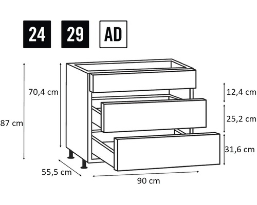 Nákres spodní kuchyňské skříňky se zásuvkami a rozměry