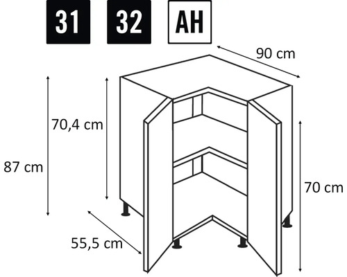 Technický nákres rohové spodní skříňky s rozměry