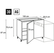 Technický nákres spodní kuchyňské skříňky s rozměry.