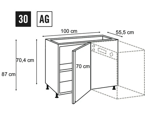 Technický nákres spodní kuchyňské skříňky s rozměry.