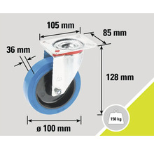 Obrázek otočného kolečka s rozměry 105 mm, 85 mm, 36 mm, 128 mm a průměrem 100 mm, nosnost 150 kg