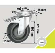 Otočné kolečko s aretací o rozměrech 100 x 32 milimetrů, nosnost 150 kilogramů