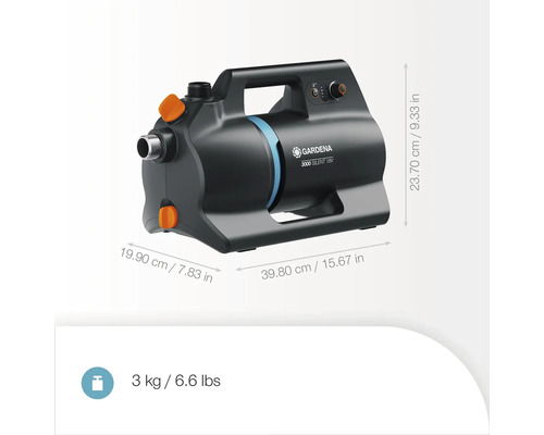 Domácí vodní automat Gardena 3000 Silent 18V s rozměry a hmotností