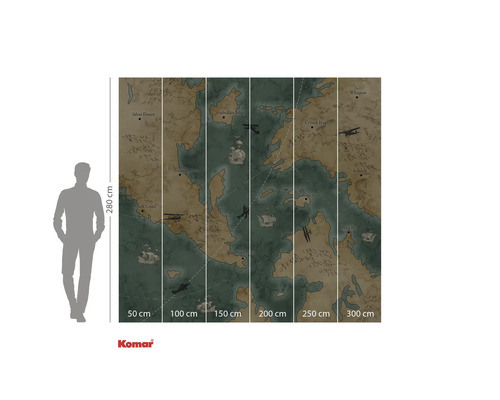 Nástěnná malba Komar s motivem mapy světa a údaji o velikosti.