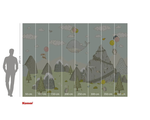 Ilustrace tapety s horami, zvířaty a balónky, rozměry 280 x 400 centimetrů