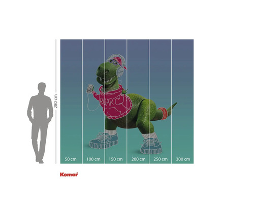 Foto tapeta se zeleným dinosaurem se sluchátky, mikinou s kapucí a teniskami na barevném pozadí