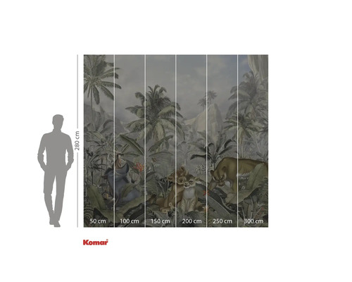 Komar nástěnná malba s motivem džungle, palmami a lví rodinou, 280x300 cm