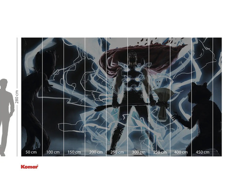 Nástěnná malba Thor s Grootem a Rocketem v komiksovém stylu