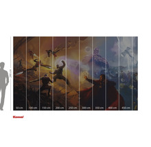 Nástěnná malba Avengers s různými komiksovými postavičkami a údaji o velikosti.