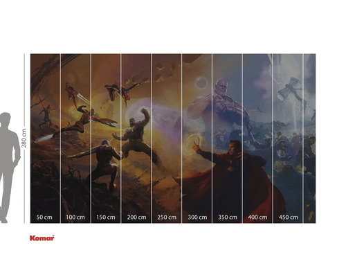 Nástěnná malba Avengers s různými komiksovými postavičkami a údaji o velikosti.