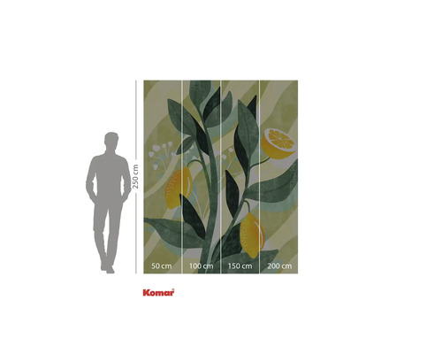 Logo společnosti Komar. Nástěnná malba s motivem citronu, skládající se ze čtyř částí o rozměrech 50 cm, 100 cm, 150 cm a 200 cm, výška 250 cm.