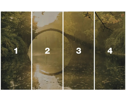 Čtyřdílná fototapeta s krajinným motivem jezera a mostu