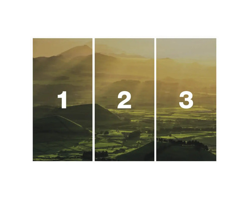 Třídílný obraz krajiny s horami a poli