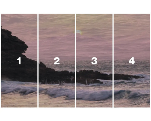 Čtyřdílný snímek pobřeží s skalami a mořem