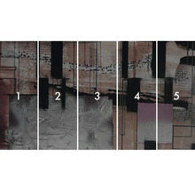 Vícedílná abstraktní nástěnná malba s geometrickými tvary a strukturami