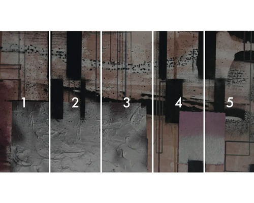 Vícedílná abstraktní nástěnná malba s geometrickými tvary a strukturami