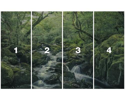 Čtyřdílná nástěnná malba lesa s tokem řeky