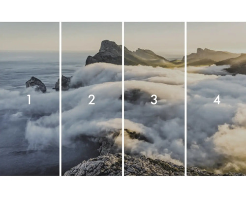 Čtyřdílná nástěnná malba s horskou krajinou v mlze