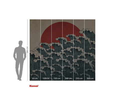 Fototapeta se vzorem vln a červeným sluncem v pozadí