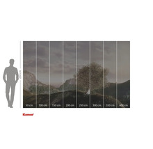 Foto tapeta s motivem krajiny a stromu, skládající se z osmi pruhů s údaji o velikosti a logem Komar