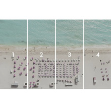 Čtyři pohledy na pláž s klesající hustotou slunečníků a lehátek.