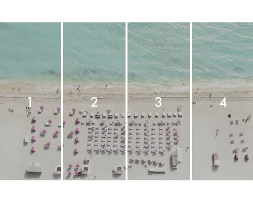 Čtyři pohledy na pláž s klesající hustotou slunečníků a lehátek.