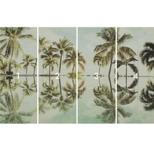 Čtyřdílná fototapeta s motivy palem a odrazem ve vodě.