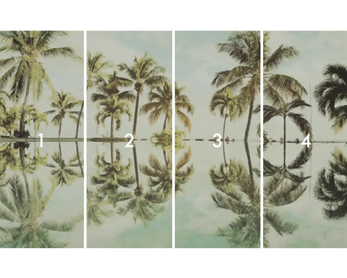 Čtyřdílná fototapeta s motivy palem a odrazem ve vodě.