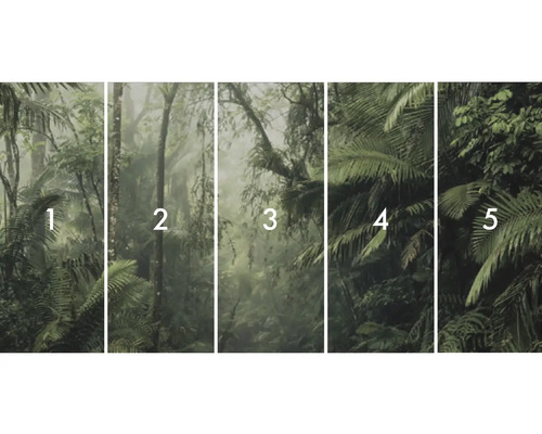 Vliesová tapeta s motivem džungle, skládající se z pěti pruhů