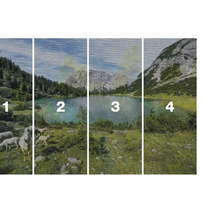 Čtyřdílná nástěnná malba s motivem krajiny s horami, jezerem a ovcemi