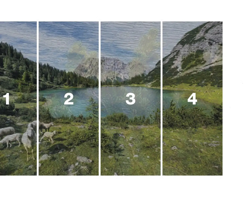 Čtyřdílná nástěnná malba s motivem krajiny s horami, jezerem a ovcemi