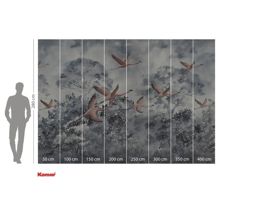 Foto tapeta s motivem létajících plameňáků před stromy