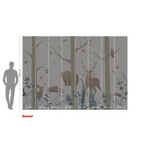 Fototapeta s motivem lesa, včetně stromů, medvěda, jelena, zajíce, lišky a sovy, formát cca 280 x 400 cm