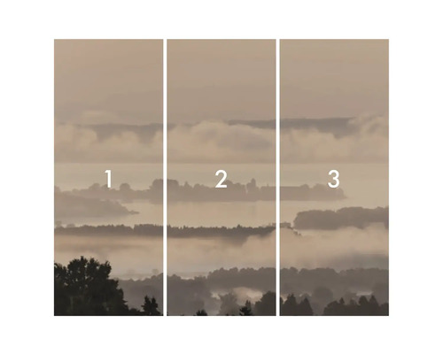 Vliesová tapeta s motivem mlhavé krajiny, skládající se ze tří částí