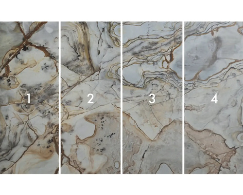 Čtyři různé vzory dlaždic s mramorovým vzhledem.