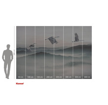 Fototapeta s jeřáby letícími nad hornatou krajinou