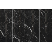 Vliesová tapeta se strukturou mramoru a geometrickými vzory, čtyři pruhy vedle sebe.