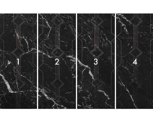 Vliesová tapeta se strukturou mramoru a geometrickými vzory, čtyři pruhy vedle sebe.