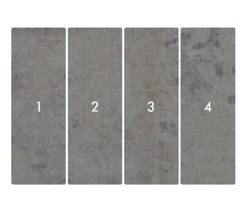 Čtyři vinylové podlahové panely s kamenným vzhledem, očíslované jedna až čtyři.