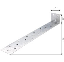Děrovaný rohový konektor z kovu s rozměry.