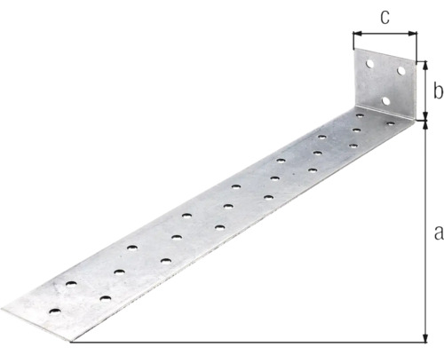 Děrovaný rohový konektor z kovu s rozměry.