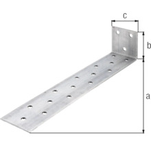 Rohový spojovací prvek z kovu s otvory a rozměry a, b a c.
