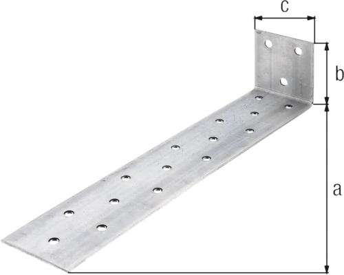 Rohový spojovací prvek z kovu s otvory a rozměry a, b a c.