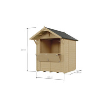 Dřevěný prodejní stánek s výškou 246 cm a šířkou 180 cm.